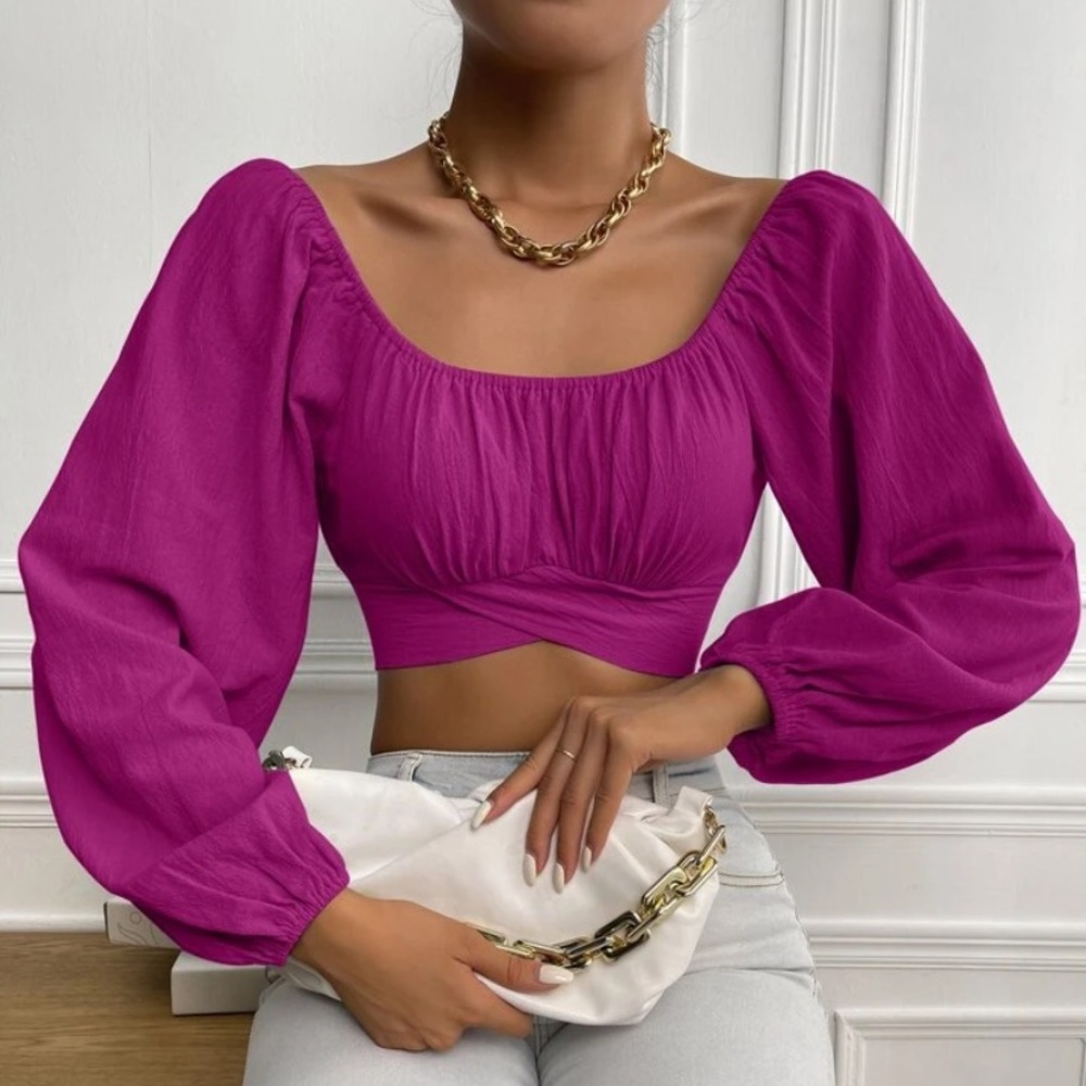 Violet/ Purple Ruched Knot Back Crop Blouse